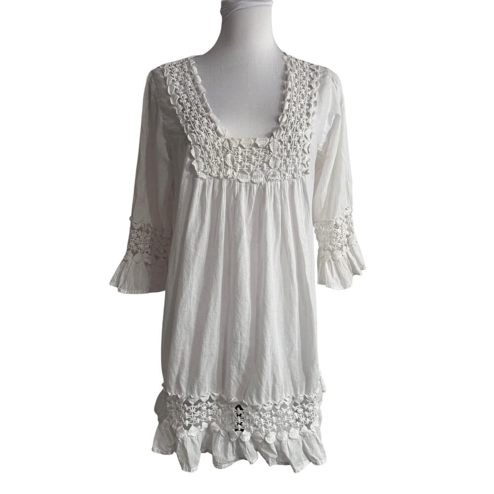 Cute Option White Crochet Lace Boho Bell Sleeve Cotton Mini Dress Small Coquette